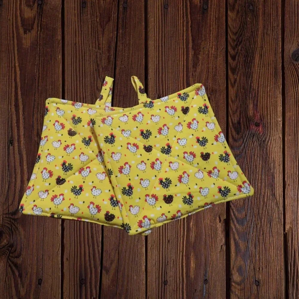 Handmade Potholder, Set of 2, Reversible Chickens and Polka Dot Quilted Hot Pads